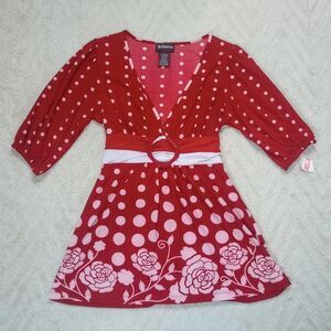 Y2K Red Polka Dot Buckle Floral Babydoll Blouse